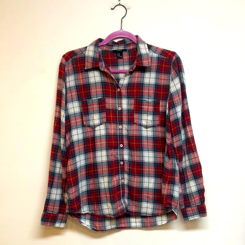 F21 100% Cotton Plaid Check Red Green White Plaid Tartan Button Down Shirt M
